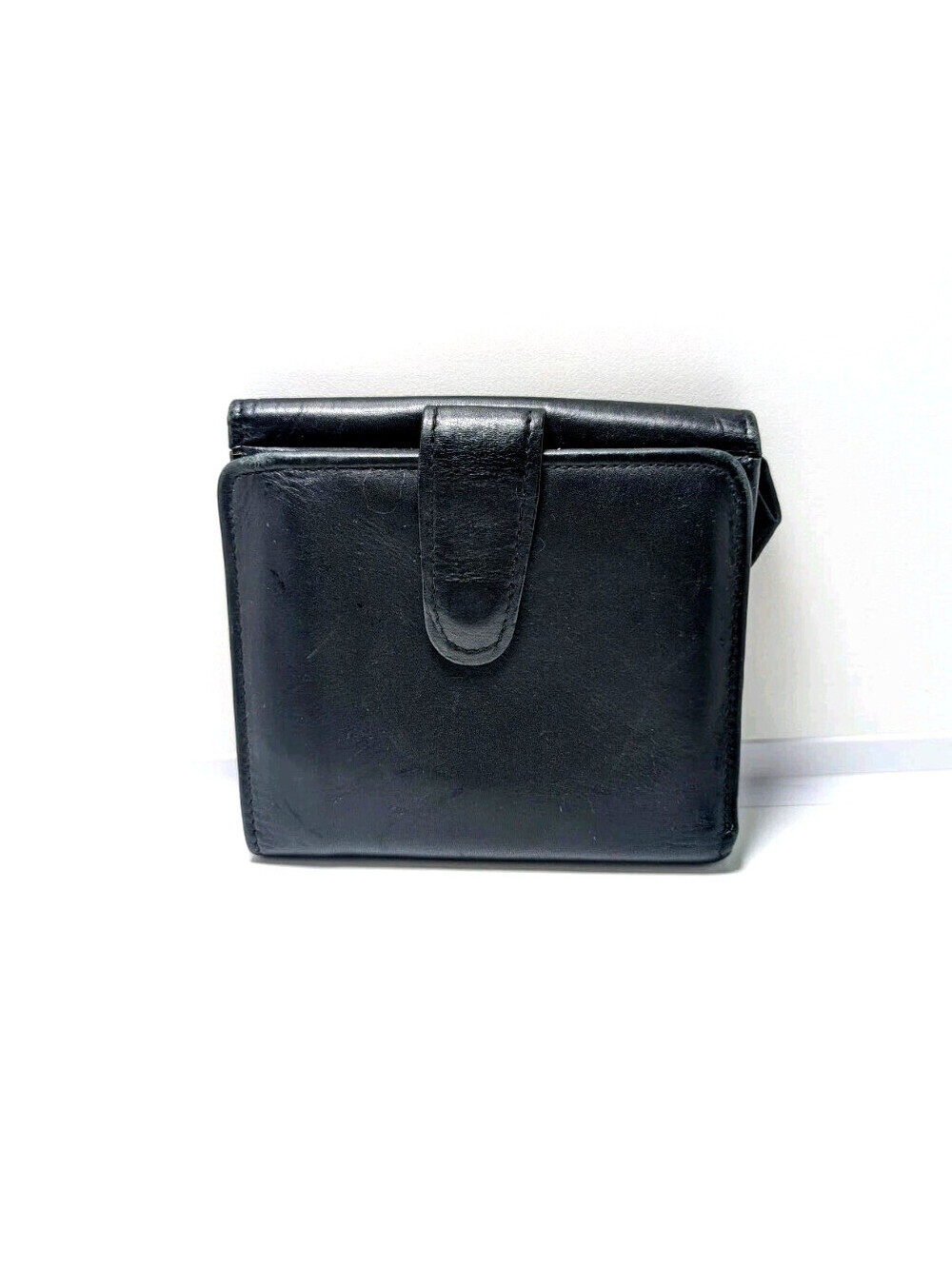 Vintage Coach Black Leather Compact Wallet Snap Strap Bi-Fold Unisex Womens